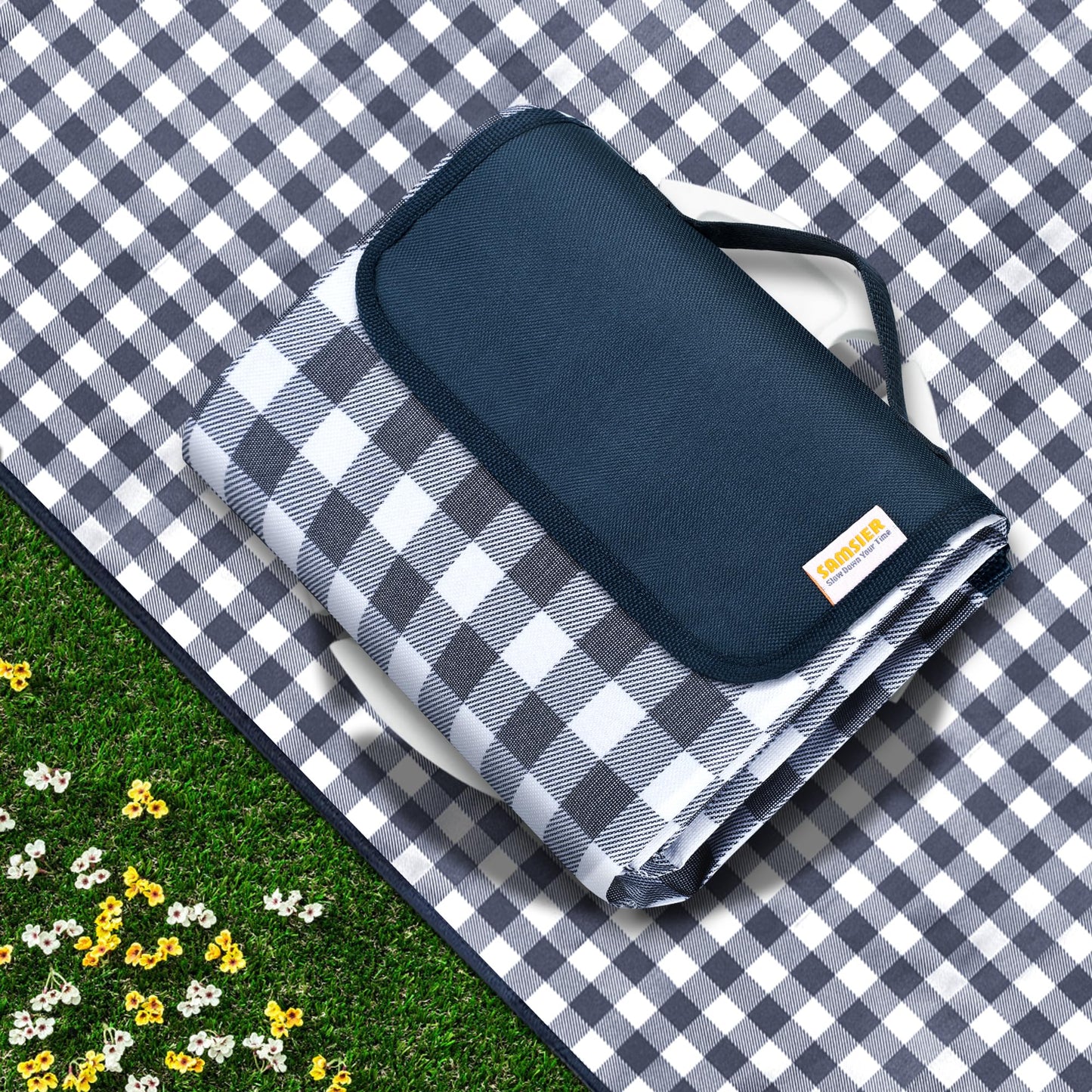 SAMSIER Outdoor Picnic Blankets Waterproof Foldable Sandproof, Large Gingham Cute Picnic Mat Washable Portable for Park Beach Camping Courtyard (Navy Blue, 60"×80")