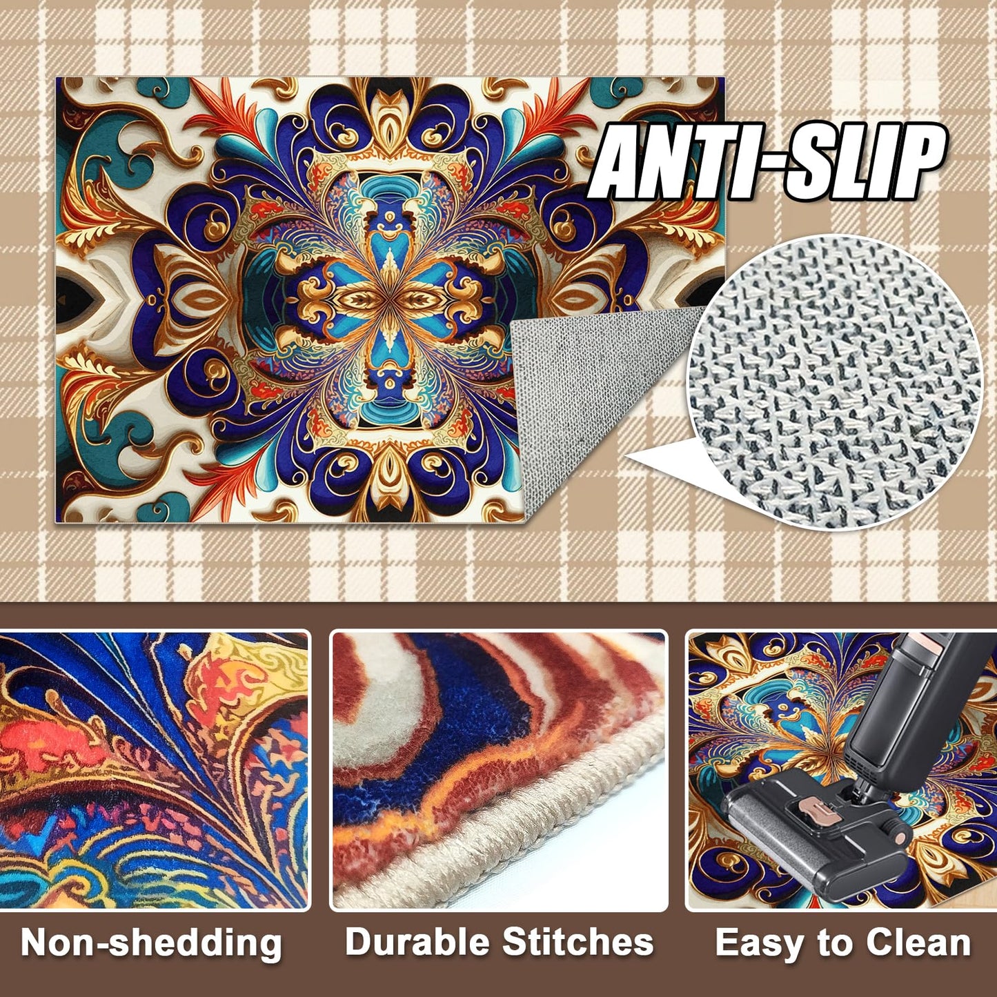 Washable Area Rug, Non-Slip Vintage Hallway Rug Runner with Upgrade Rubber Backing, Stain Resistant Faux Wool Distressed Carpet Runner for Bedroom Living Room Kitchen Laundry Entrance (70" x 55")