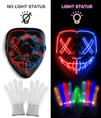 Sago Brothers Halloween Mask, LED Light up Mask Skeleton Gloves Set, Halloween Costumes for Boys Girls, Scream Scary Mask Redblue