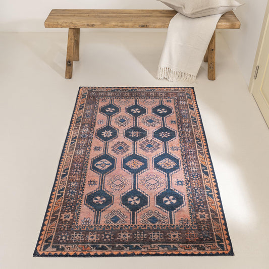KNOTTING MATTERS Indiclay 3’ x 5’ Area Rug – Blush Pink & Deep Navy Heritage Flatweave, Low-Pile – Easy Clean Accent Rug – Perfect for Entryway, Hallway, Kitchen, Bedroom – Pet & Kid Friendly