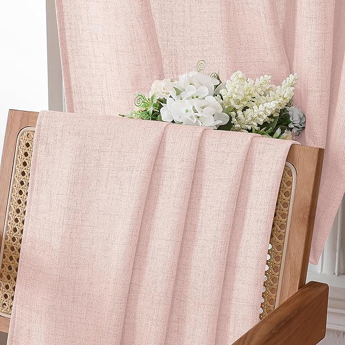 Tollpiz Linen Curtain Living Room Rod Pocket Semi Sheer Curtains Burlap Light Filtering Thick Linen Drape for Bedroom, 54 x 72 inches Long, Pink, Set of 2 Panels