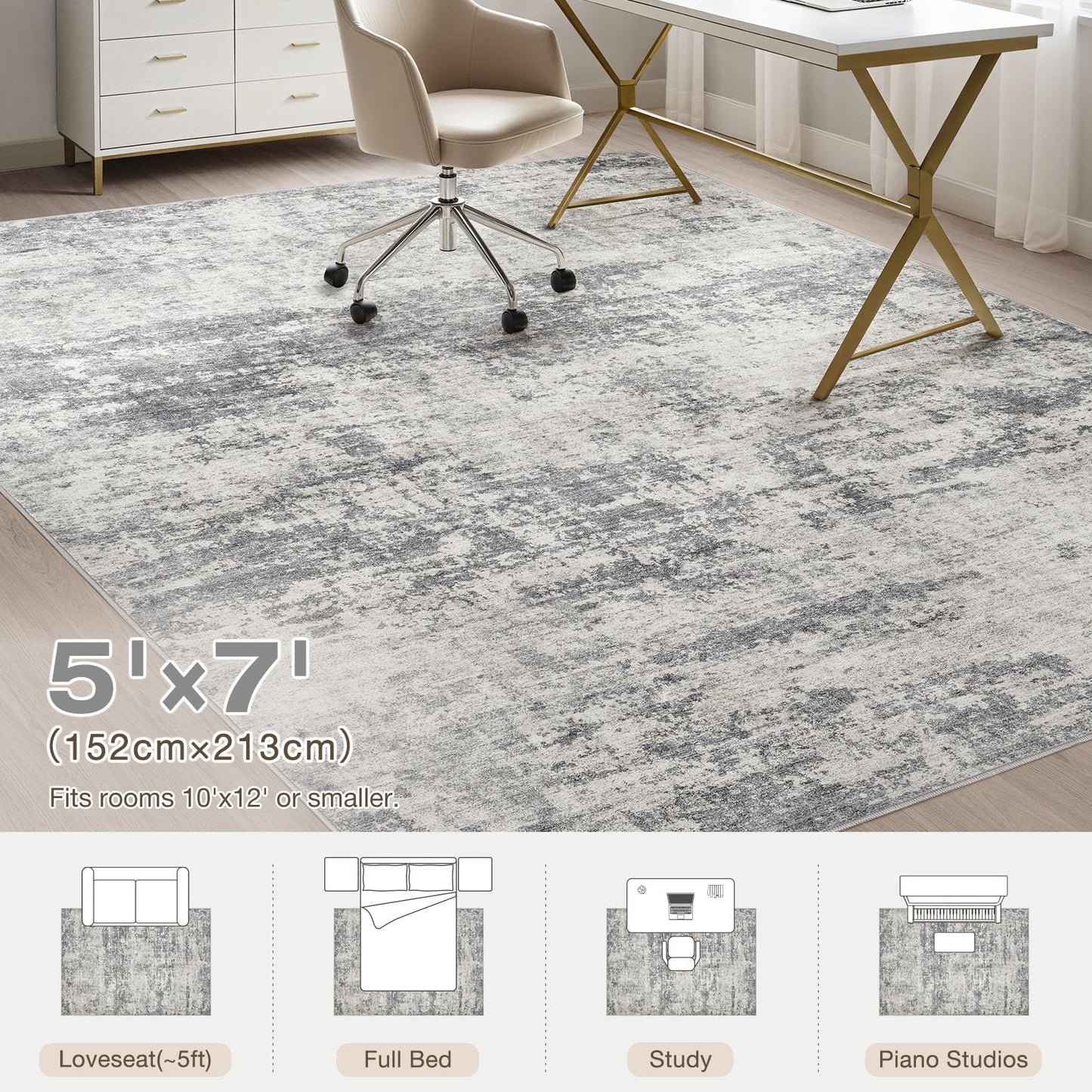 TARANCH Abstract 5x7 Area Rug: Machine Washable Non Slip Ultra Thin Low-Pile Carpet, Soft Stain Resistant for Living Room Bedroom Nursery, Kid Pet Friendly, Robot Vacuum Compatible - Dark Grey/Beige