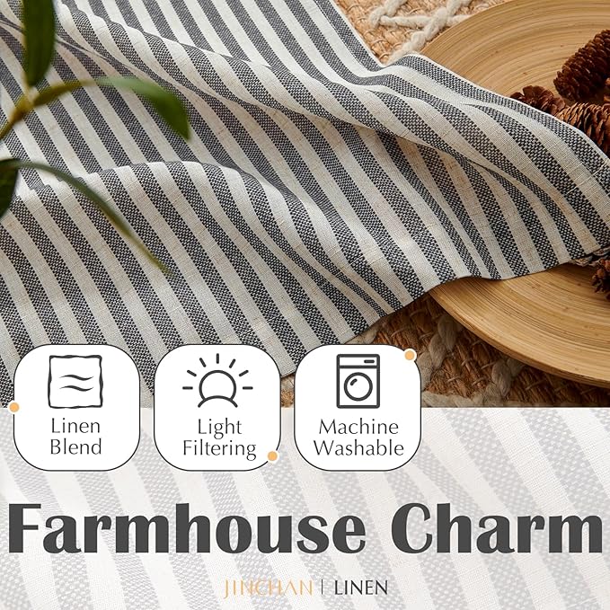 jinchan Striped Linen Kitchen Curtains 36 Inches Tier Curtains Farmhouse Modern Cafe Style Small Window Treatments Airy Light Filtering Rod Pocket for Living Room Bathroom 2 Panels Charcoal Grey