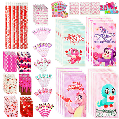JOYIN 24packs Valentines Day Stationery Gifts, 96pcs Party Favor with Pencil, Erasers, Notebook & Bags for Kids School Classroom Exchange Supplies