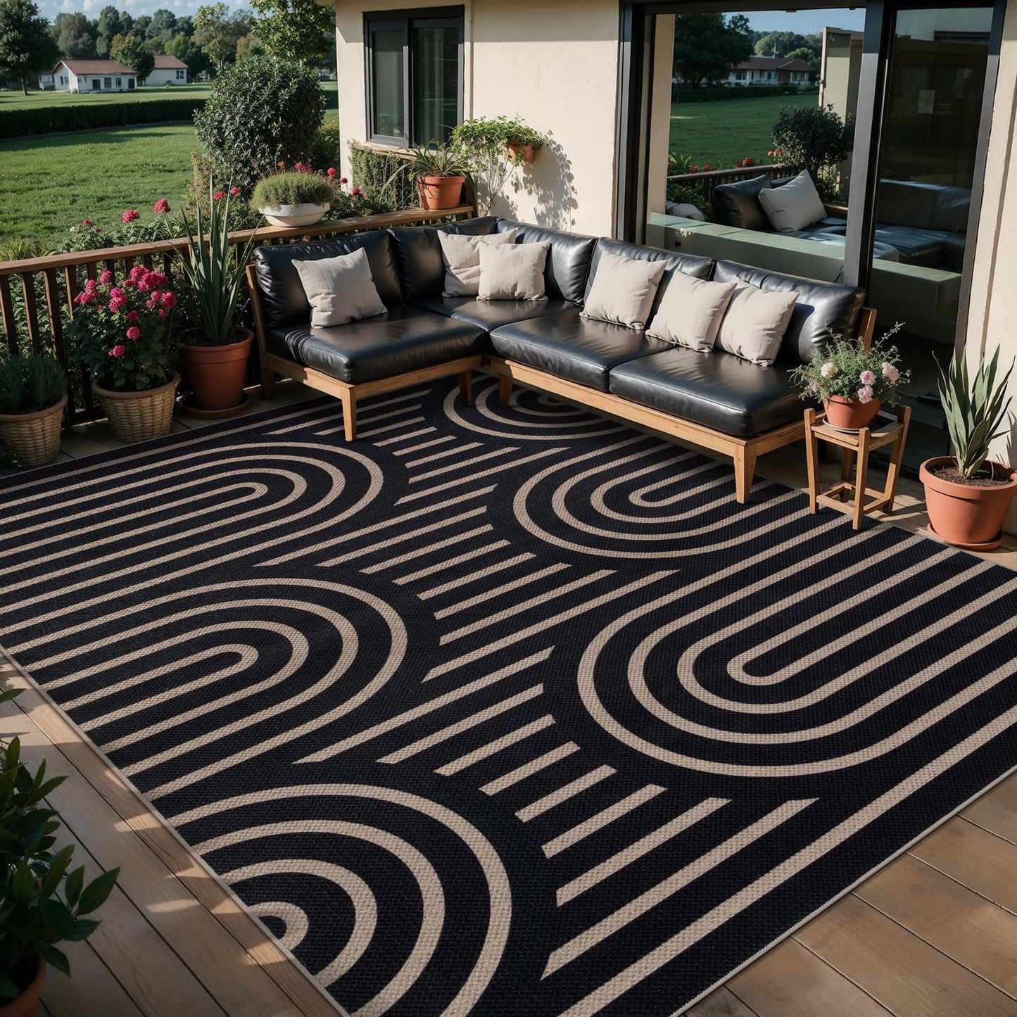 Tangsoo Modern Easy Jute Rug 5x7 Large Washable Area Rugs for Dining Room Table,Non-Slip Thin Black Indoor Outdoor Rug,Farmhouse Neutral Throw Mat for Living Room Backyard Patio Office Home Decor