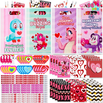 JOYIN 24packs Valentines Day Stationery Gifts, 96pcs Party Favor with Pencil, Erasers, Notebook & Bags for Kids School Classroom Exchange Supplies