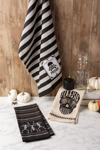 DII Happy Halloween Dishtowel Collection Embellished Cotton Kitchen Hand Towel Set, 18x28, Skeleton, 3 Count