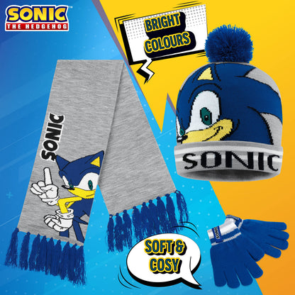 SONIC THE HEDGEHOG Beanie Hat Scarf and Gloves Set for Boys (4-15 Years, Blue/Grey Sonic 3 Pcs)