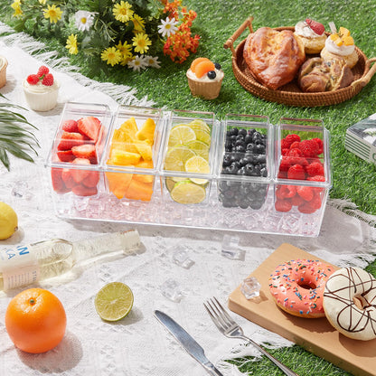 Lifewit Ice Chilled Condiment Caddy with 5x 20oz(2.5 cup) Containers, 15.3" Condiment Server with Separate Lids, Serving Tray Platter with Removable Dishes for Bar, Fruit, Salad, Taco, Party Garnish