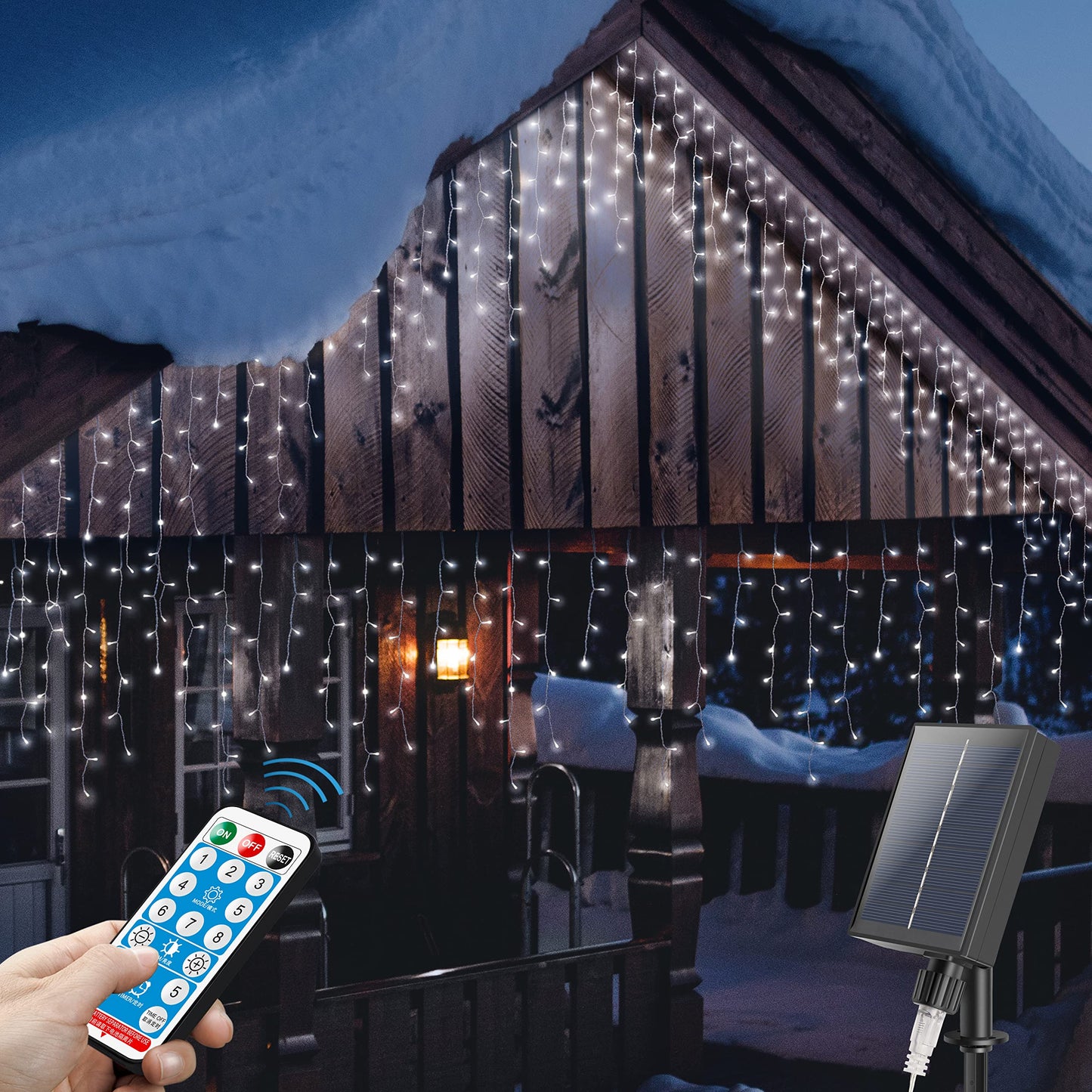 mimigogo 300 LED Solar Icicle Lights Outdoor with Remote Control, 33ft 8 Modes Curtain String Lights with 50 Drops, Christmas Holiday Wedding Party Decorations, White
