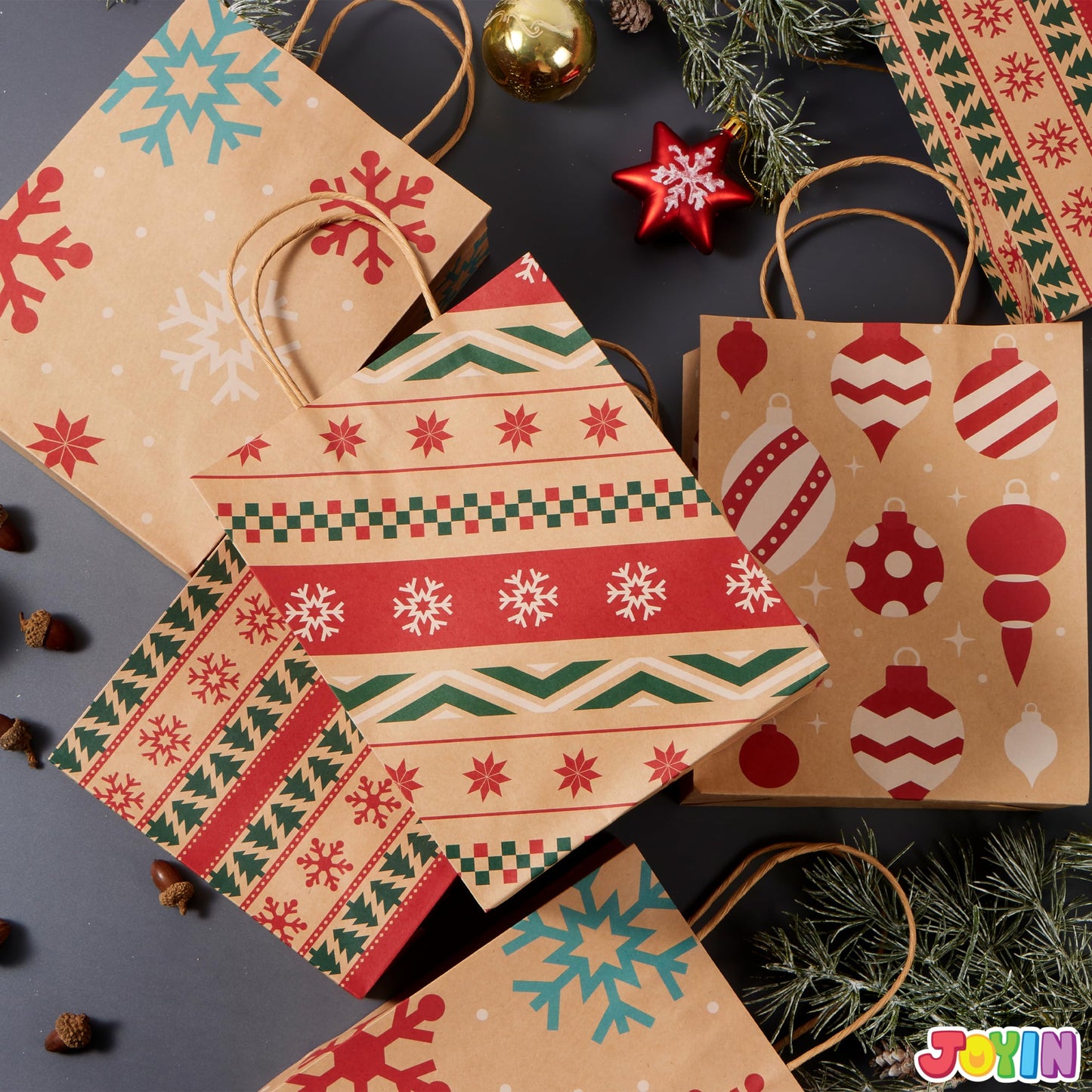 JOYIN 48 PCS Christmas Kraft Gift Bags 7" x 9" x 3.5" for Gifts Party Supplies Decor, Xmas Goody Treat Candy Bags for Holiday Wedding Gift Decor Classrooms and Party Favors Presents Wrapping