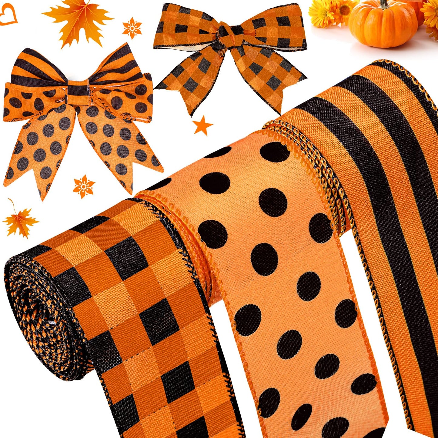 Wiaxin 3 Rolls Wired Ribbon Orange 2.5 Inch x 15 Yards Easter Orange and Black Buffalo Plaid Ribbon Gingham Ribbon Dot Pattern Striped Ribbons for Halloween Thanksgiving Fall DIY Crafts Party Decor
