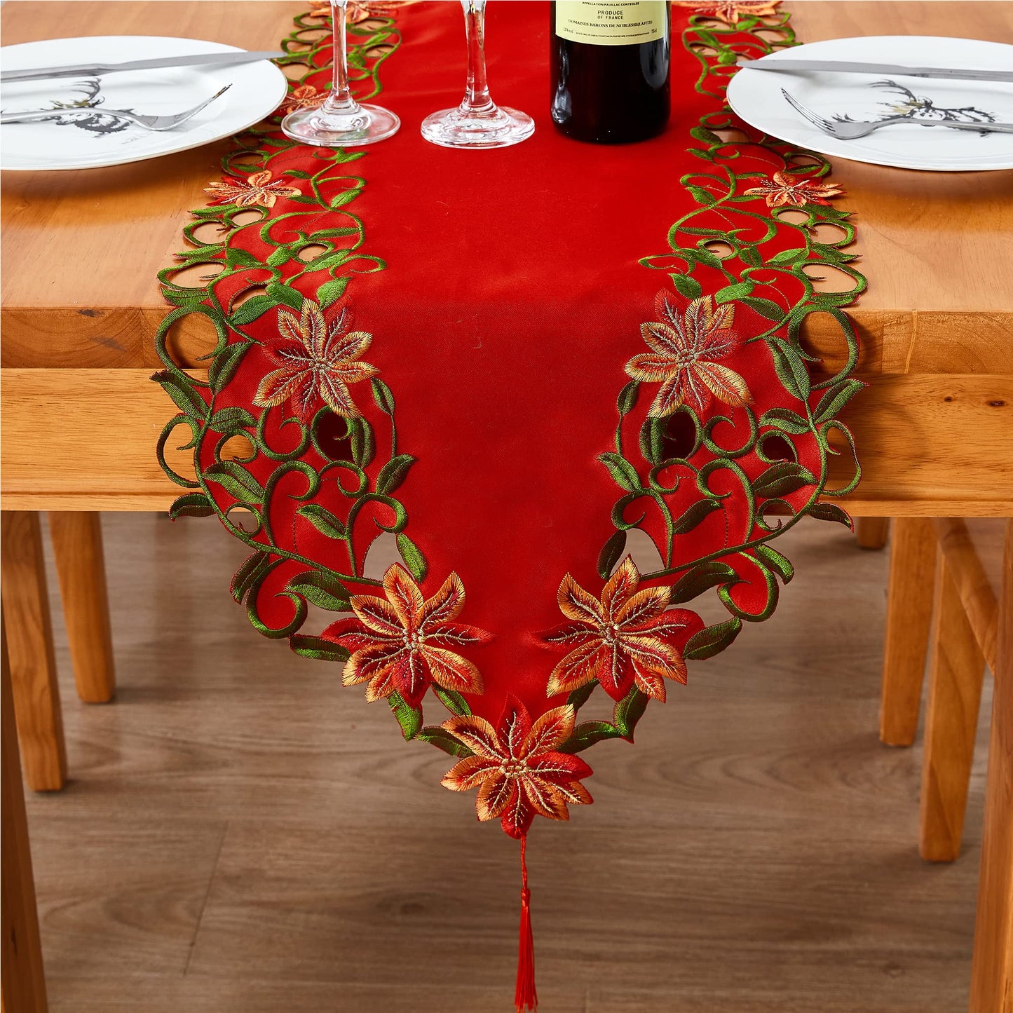 AMARED Christmas Embroidered Table Runner Cutwork Green Leaves Holiday Table Linens for Christmas Decorations 15x69 Inch