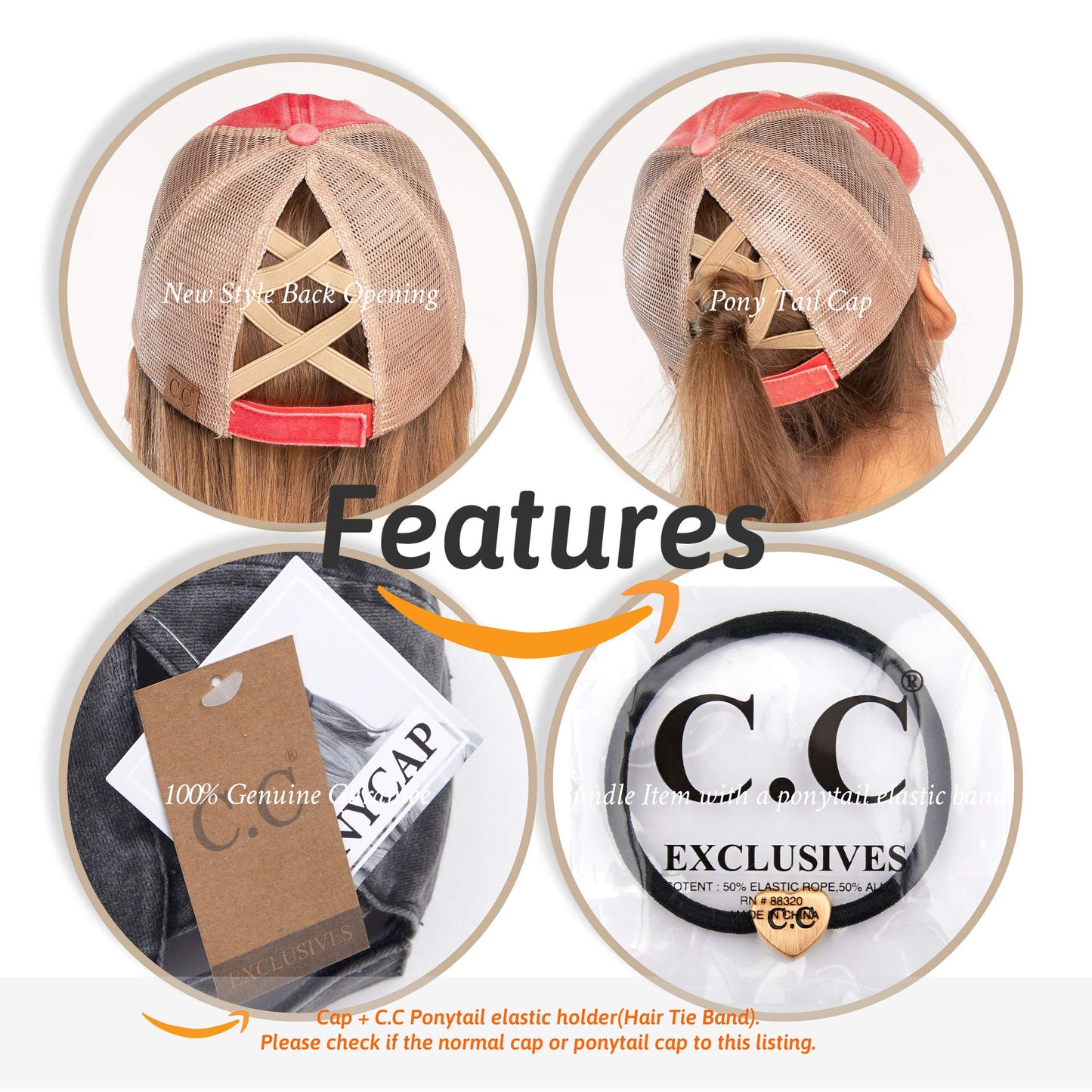 C.C Exclusives Washed Distressed Cotton Denim Criss-Cross Ponytail Hat Baseball Cap Bundle Hair Tie (BT-780) (Black)