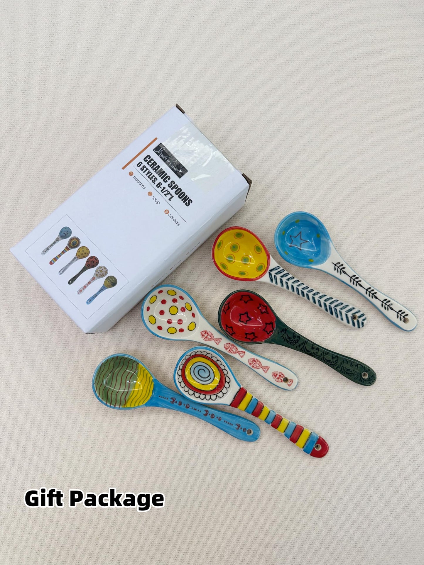 Ceramic Soup Spoons Set of 6–Mutilpurpose for Soup/Cereal/Ramen/Stews | Vibrant Design, Lead-Free & Dishwasher Safe | 6.25" Cute Decorative Spoons for Kitchen & Gifts