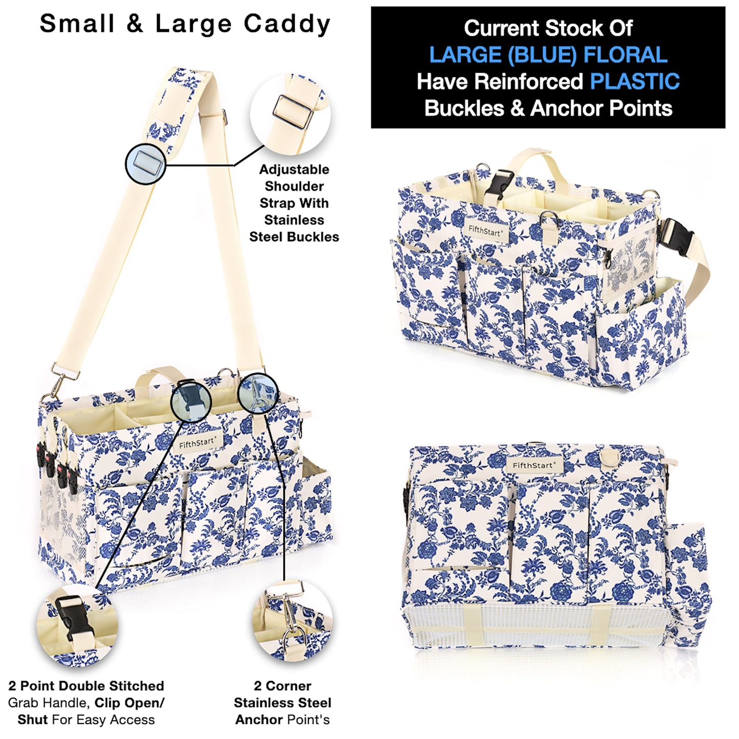 FifthStart Multiuse Large Blue Floral Diaper Caddy with Waist, Shoulder Strap, 9 Pockets, Mesh Base, and Adjustable Compartments