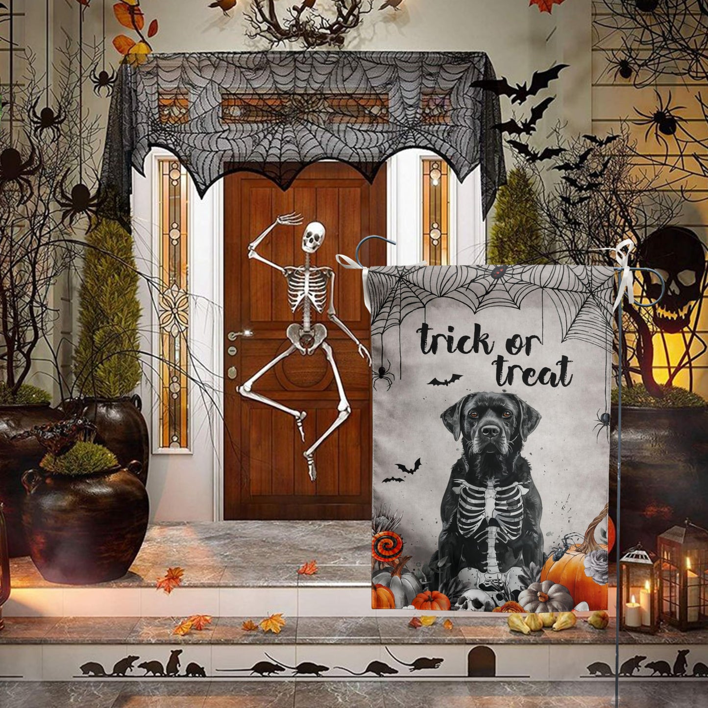 Halloween Black Lab Garden Flag Trick or Treat Yard Flag Ghost Labrador Dog Garden Flags for Outside 12x18 Double Sided Mini Skeleton Halloween Decor Outdoor Lawn Welcome Flag