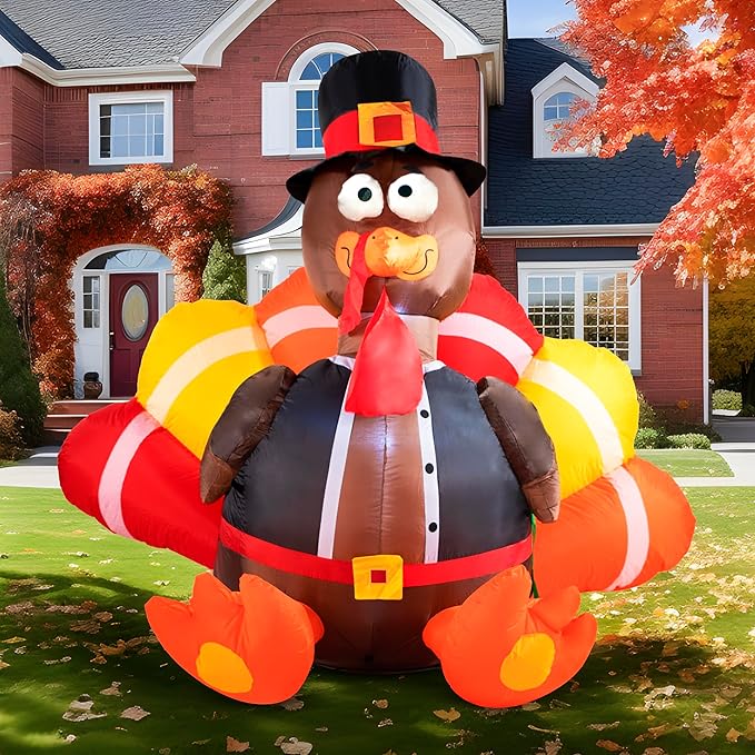 Joiedomi 6 FT Thanksgiving Inflatable Turkey Decorations, LED Light Up Turkey with Pilgrim Hat, Blow Up Decor for Thanksgiving Outdoor Decorations, Halloween Inflatable for Yard Garden