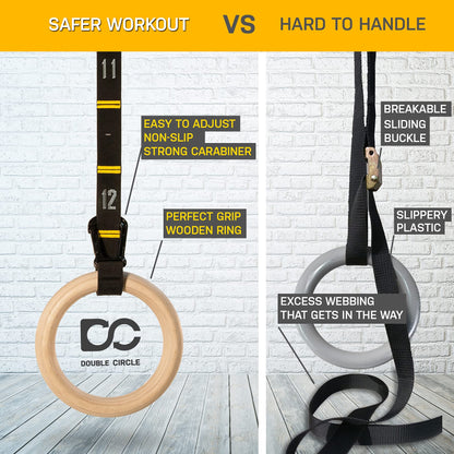 Double Circle Gymnastics Rings with Quick Adjust Numbered Straps and Exercise Videos Guide - Full Body Gym Rings - Calisthenics Rings Wooden Rings 1.25"