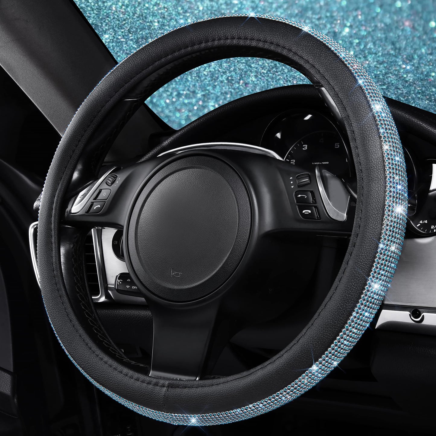 CAR PASS Mint Diamond Black Leather Steering Wheel Cover, Bling Blue Crystal Rhinestones Universal Fit 14"1/2-15" Crystal Glitter for Women Sparkle Girl Fit Suvs,Vans,Sedans,Cars,Trucks, Mint Diamond