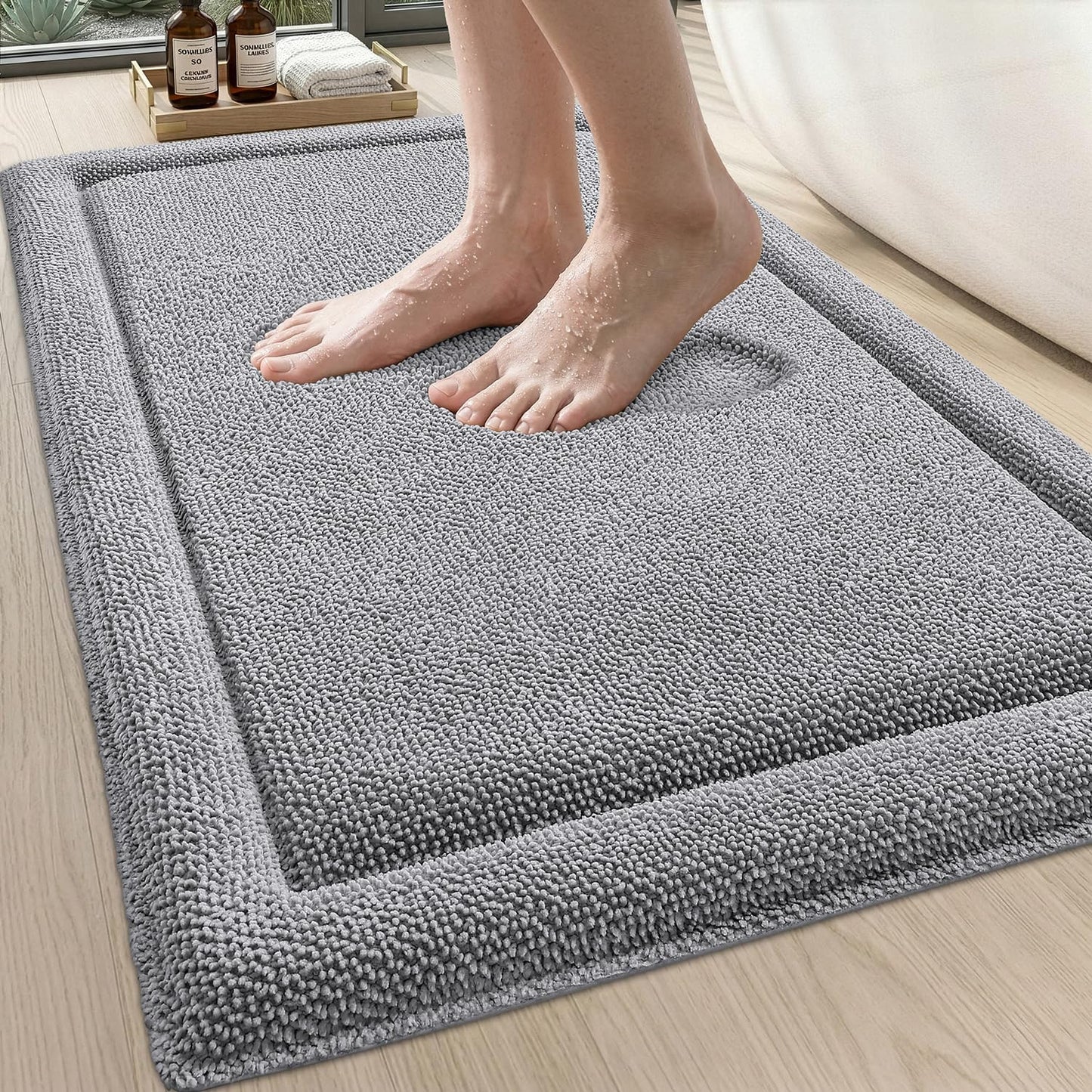 DEXI Memory Foam Bath Mat 24x17, Soft Absorbent Chenille Bathroom Rug, Non Slip Quick Dry Bath Mats for Bathroom, Thick Plush Floor Carpet for Tub Shower, Sink, Light Grey