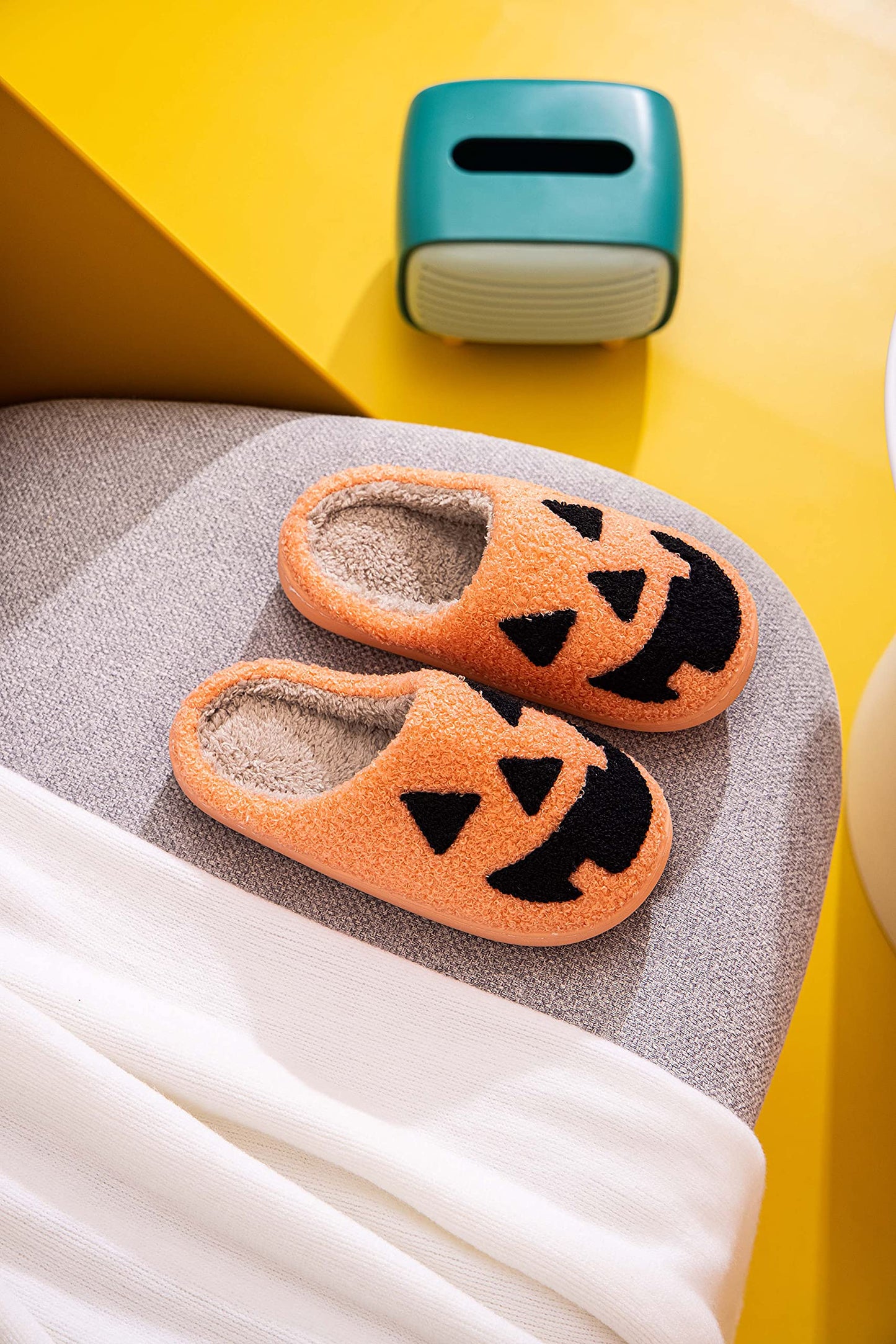 NEVEROLD Fun Cute Trendy Cartoon Illustrated Characters Colorful Comfort Cozy Plush Warm Fluffy Fur Slip On Cushion Slippers for Girls and Women (Pumpkin, medium)