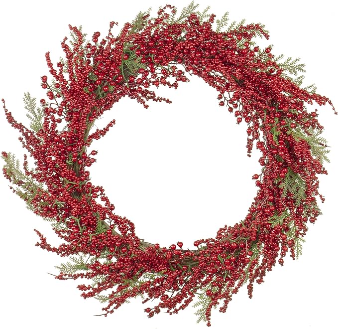 Red Co. 36” Light-Up Christmas Wreath with Red Cranberries, Battery-Operated LED Lights with Timer