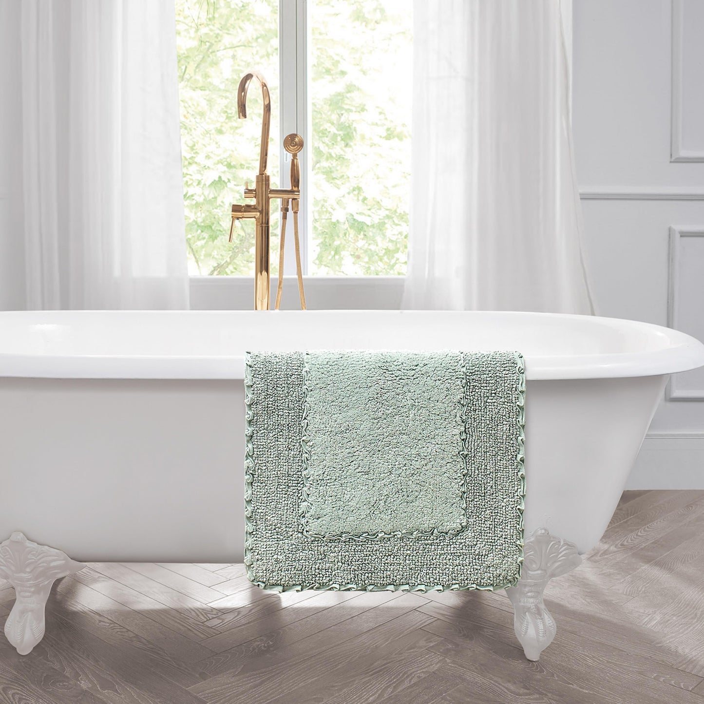 Laura Ashley Ruffle Border 100% Cotton Bath Rug, Sage Green, 17"x 24"