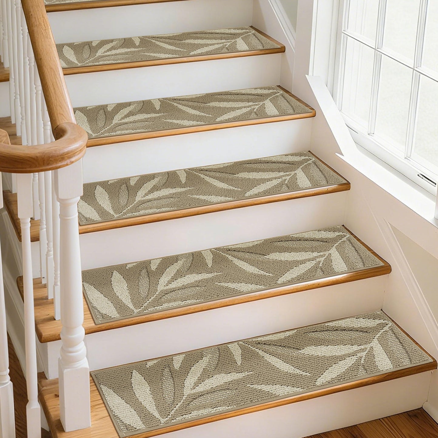 JSEI Stair Treads for Wooden Steps with 3D Leaf Pattern, 14 Pack 9" X 28" Carpet Stair Treads Non-Slip Indoor with TPE Backing, Machine Washable Stair Runners for Kids Elders and Pets, Beige