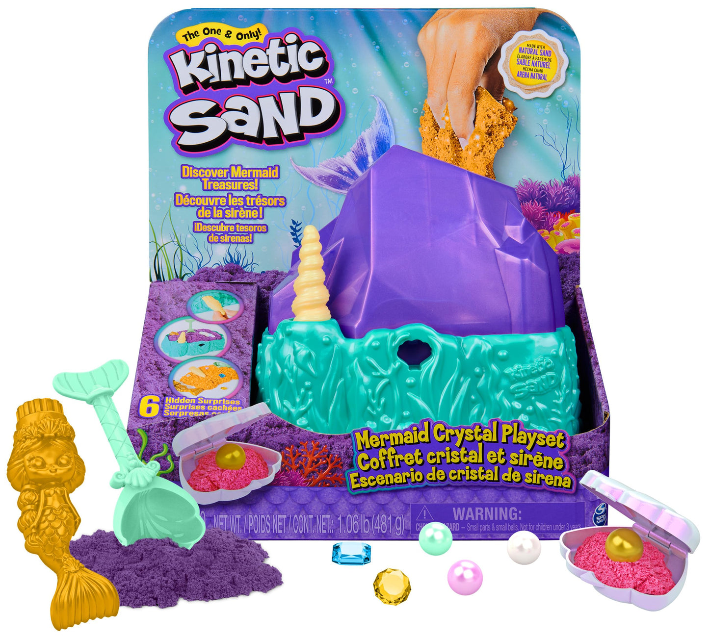 Kinetic Sand, Mermaid Crystal Playset, 481g of Play Sand, Gold Shimmer Sand, Storage and Tools, Sensory Toys for Kids Aged 3 and up