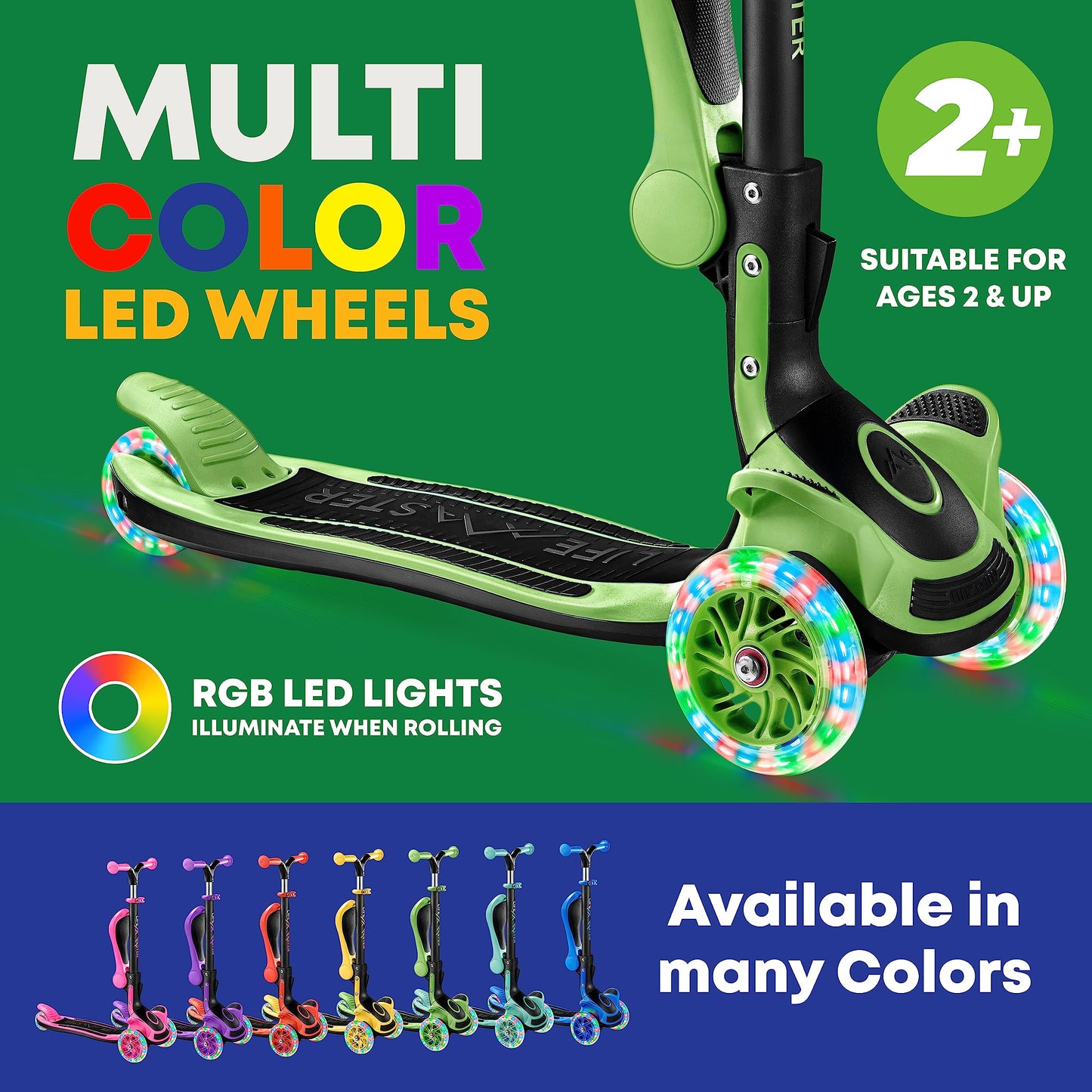 3 Wheel Scooter for Kids with Foldable Seat, Adjustable Handlebar Height, Lean-to-Steer Ride On Toy for Kids Ages 2+, Light-Up LED Wheels, Wide Anti Slip Deck, Indoor & Outdoor Use, Green