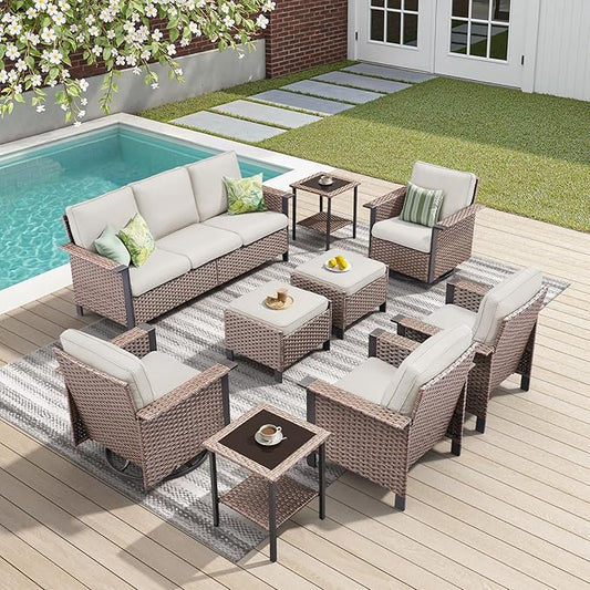 Outdoor Patio Furniture Set Swivel Chairs-9 Pieces All-Weather Wicker 3 Seater Sofa with 2 Ottomans Rattan Side Table, Wicker Sofa Outdoor Furniture for Porch Deck Backyard Brown/Beige