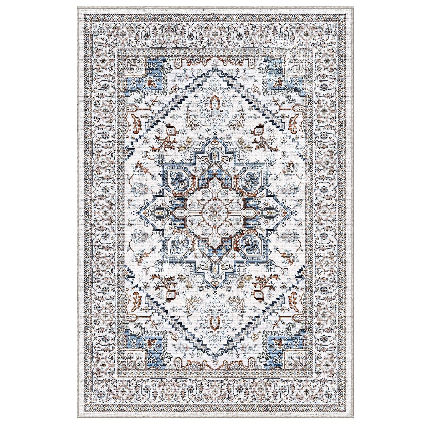 OPPODREAM Soft Neutral Area Rugs 5x7, 5x7 Washable Rug with Non Slip Backing, 5 x 7 Faux Cashmere Low-Pile Carpet, Cream White & Blue & Light Brown