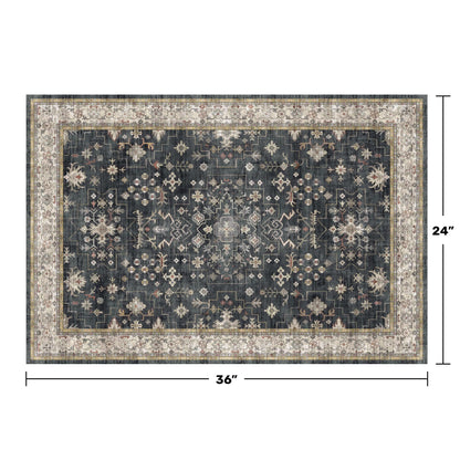 Black Washable Entry Rug, 2x3 Small Rugs for Entryway Kitchen Bathroom Door Mat Indoor Entrance, Non Slip Rubber Backing, Stain & Fade Resistant, Ashen Charcoal Floral Decor