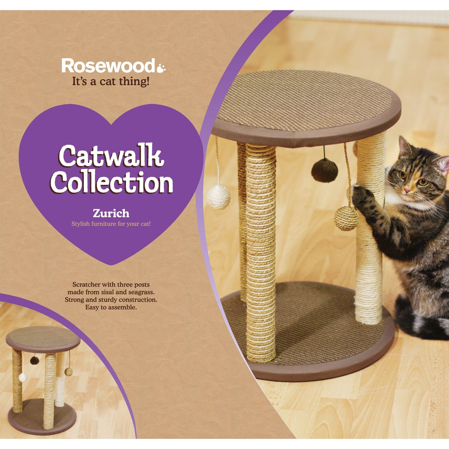 Rosewood Zurich Cat Scratching Post, Cat Tree, 45cm Tall with 3 Posts for Multi-Pet Play, Includes 3 Hanging Ball Toys, Durable & Engaging Scratching Post for Cats