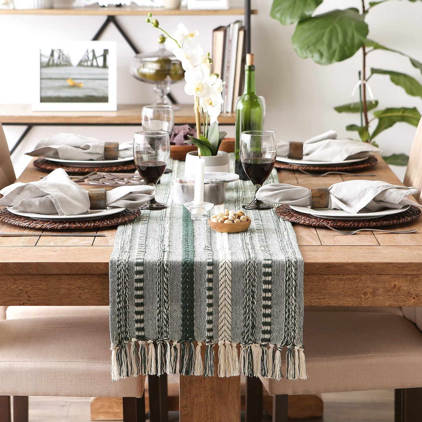 DII Farmhouse Braided Stripe Table Runner Collection, 15x108 (15x113, Fringe Included), Dark Green