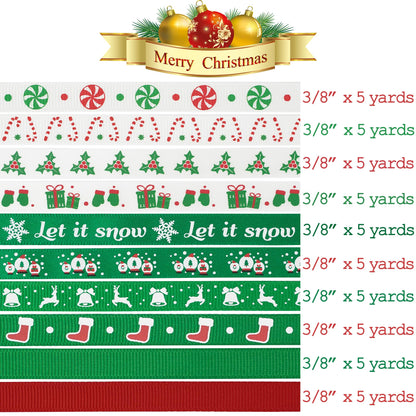 MEEDEE 3/8 inch 100 Yards Assorted Christmas Ribbon - Pack of 20 in Red, Green & White - Mix Grosgrain & Double Face Satin Ribbon for Holiday Décor, Gift Wrapping, Xmas Wreath Bow or Crafting Project