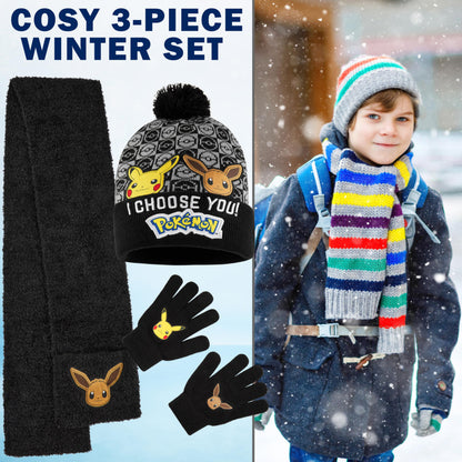 Pokemon Boys 3 Pcs Beanie, Gloves, and Scarf Set, Ages 5–12, Winter Accessories, Pikachu, Eevee, Cozy Gifts for Boys (6-14 Years, Black, 3 Pcs)