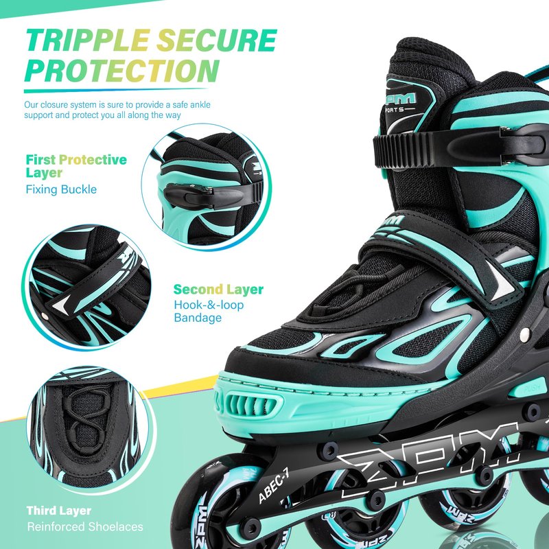 2PM SPORTS Vinal Girls Adjustable Flashing Inline Skates, All Wheels Light Up, Fun Illuminating Skates for Kids Women and Men Adults Boys - Mint Extra Large