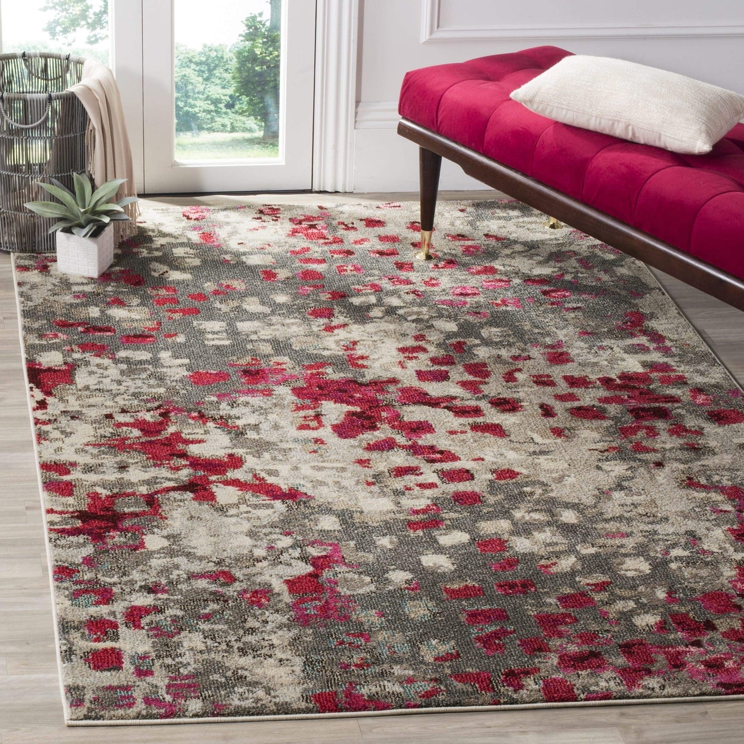SAFAVIEH Monaco Collection Area Rug - 6'7" Square, Grey & Fuchsia, Boho Chic Abstract Watercolor Design, Non-Shedding & Easy Care, Ideal for High Traffic Areas in Living Room, Bedroom (MNC225R)