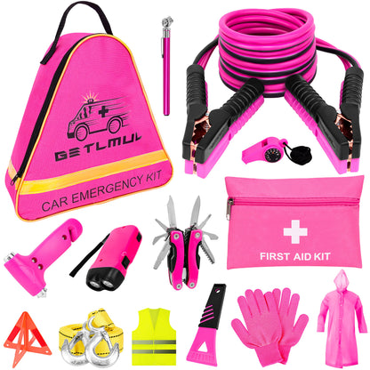 GETLMUL Pink Car Emergency Kit, Premium Roadside Emergency Car Accessories Kit with Jumper Cables, Flashlight, Shovel, Screwdriver Set, etc Car Accessories for Women