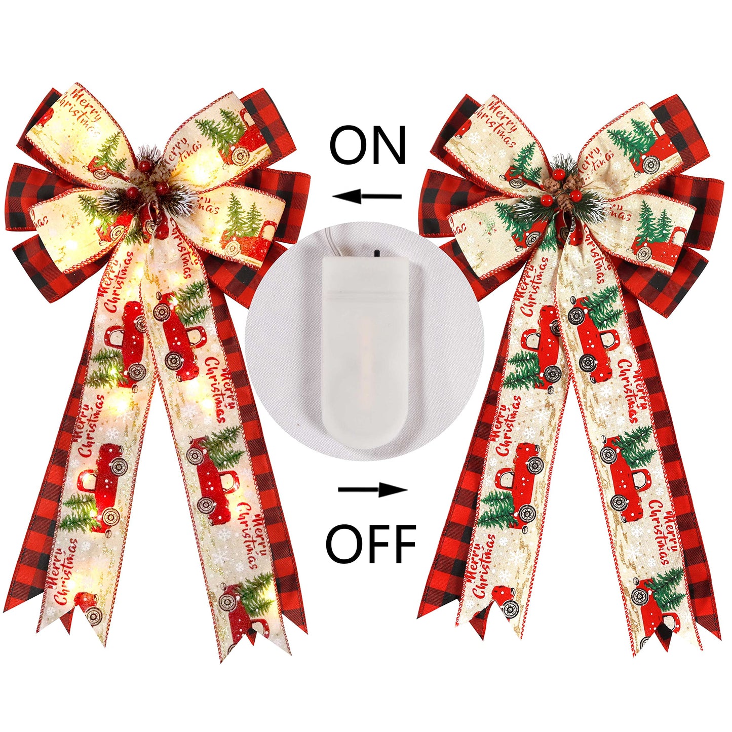 Christmas Tree Topper Bow with 30 LED Lights Decorations, 13”x25” Xmas Large Red Black Buffalo Plaid Rustic Farmhouse Wreath Bows with Truck Berries Pine Cones Pine Needles for Front Door Outdoor