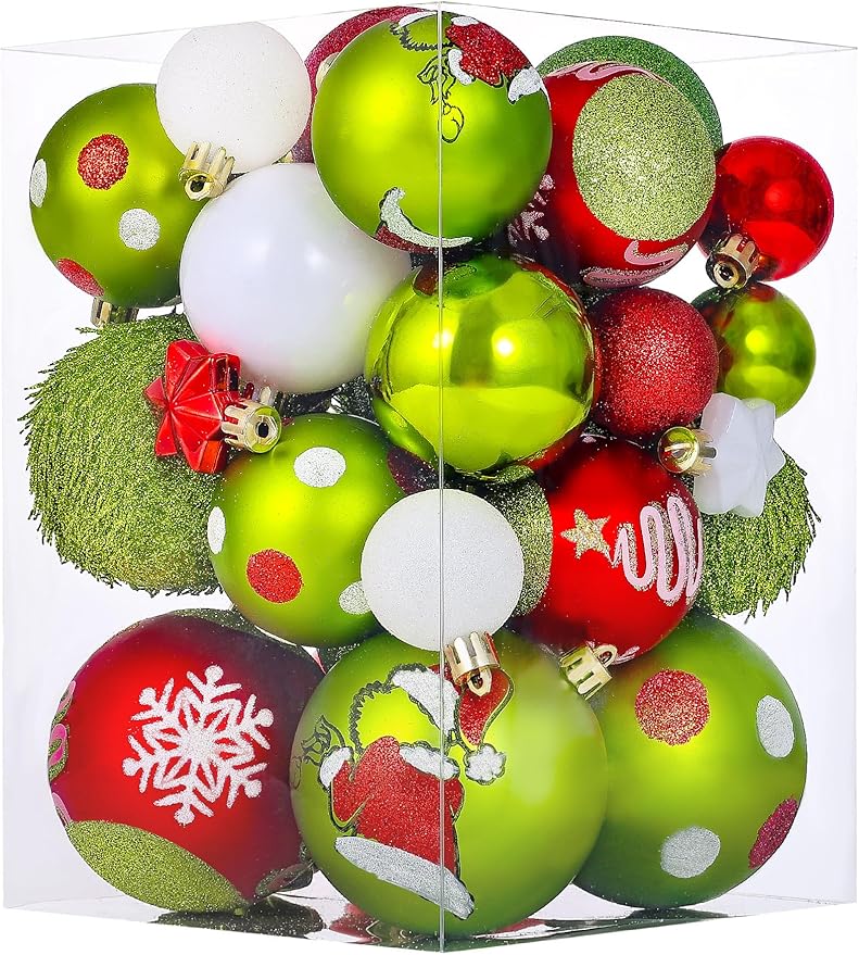 34 Pcs Christmas Ball Ornaments, Lime Green, Red and White Christmas Tree Decorations Set, Shatterproof Hanging Xmas Ornaments for Office Holiday Home with 7 Styles in 3 Sizes(Small Medium Large)