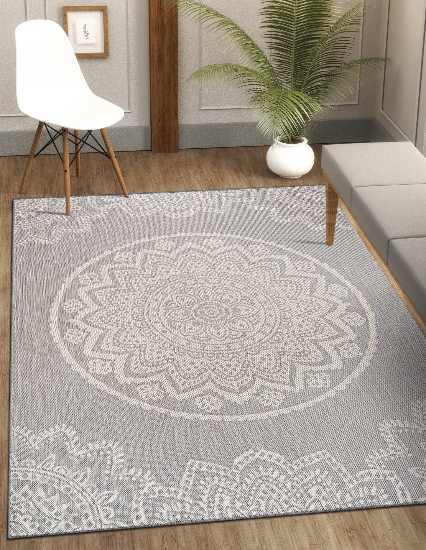 CAMILSON Outdoor Rug 5x7 Modern Area Rugs for Indoor and Outdoor Patios and Porches - Waterproof, Washable, Non-Shedding, Easy-to-Clean Outside Carpet (5 x 7, Medallion - Grey/White)