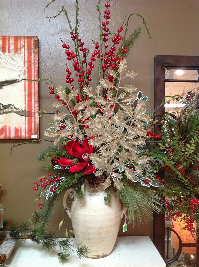 DILATATA 6Pcs Christmas Glitter Leaves Holly Leaves 23" Artificial Champagne Holly Leaf Picks Sprays Giltter Stems for Christmas Tree DIY Xmas Wreath Garland Home Decor - Champagne