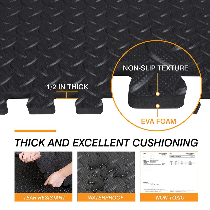 Mat Block Interlocking Foam Tiles Puzzle Mats for Floor 24 SQ FT, 1/2 inch, 6 Tiles, EVA Gym Mat Flooring Exercise Equipment Mat for Home Gym Equipment, Black, 6pcs