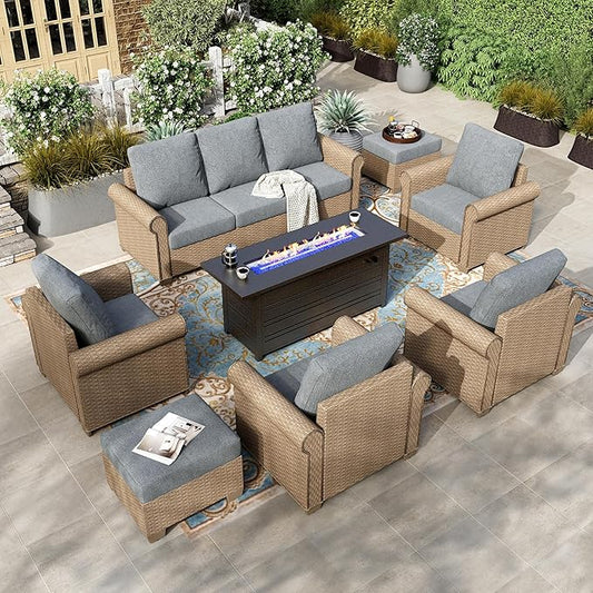 HERA'S HOUSE 8-Piece Patio Furniture Set, All Weather 9 Seats Outdoor Wicker Sofa with Ottomans, Rattan Patio Conversation Set with 5.5" Cushions and 57" Fire Pit Table, Grey