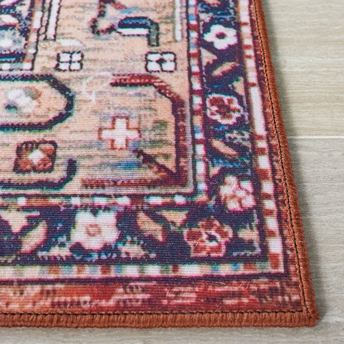 SAFAVIEH Washable Rug Tucson Collection - 5' Square, Beige & Blue, Slip Resistant & Easy to Clean, Ideal for Living Room, Bedroom, Dining Space (TSN104B)