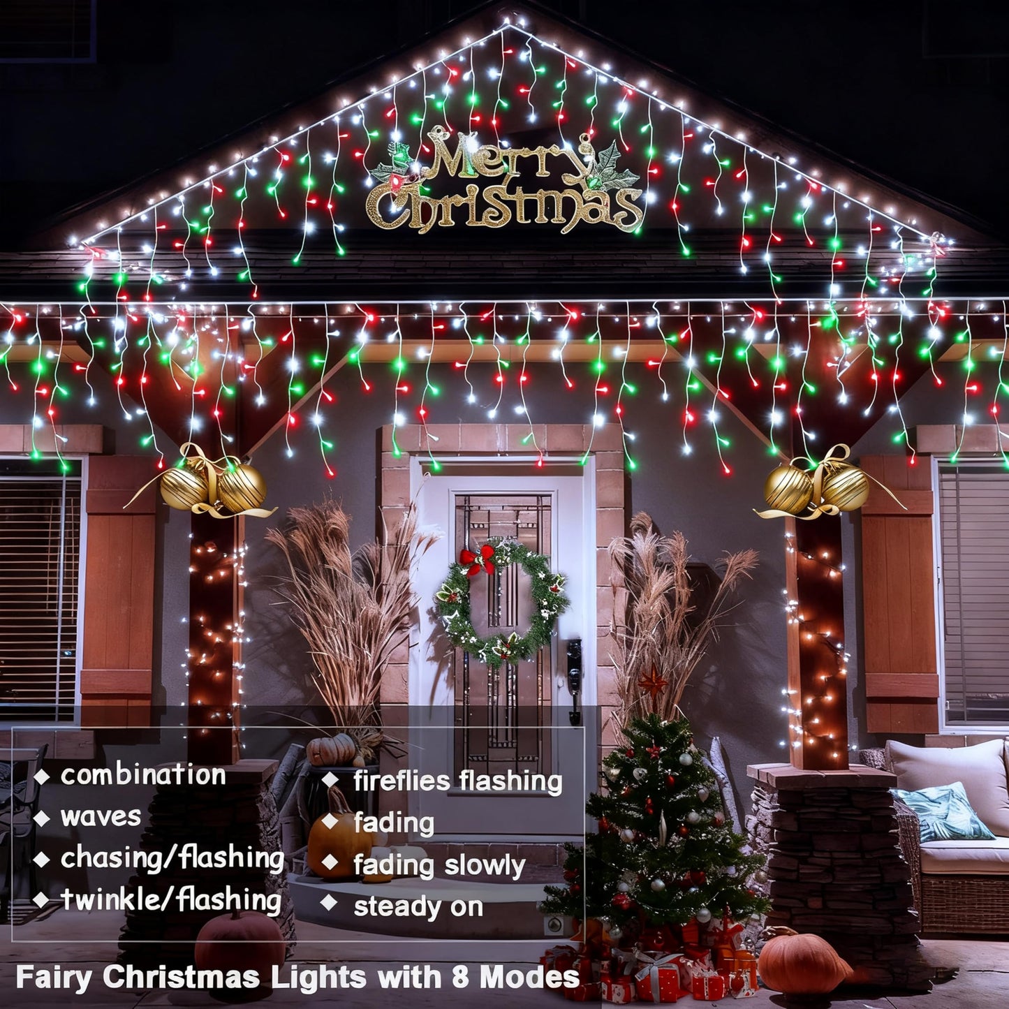 2 Pack Red White Green Christmas Icicle Lights Battery Operated, Total 204 LED Twinkle Icicle Lights 20Ft Clear Wire with 8 Lighting Modes Timer Function for Outdoor Indoor House Party Decoration