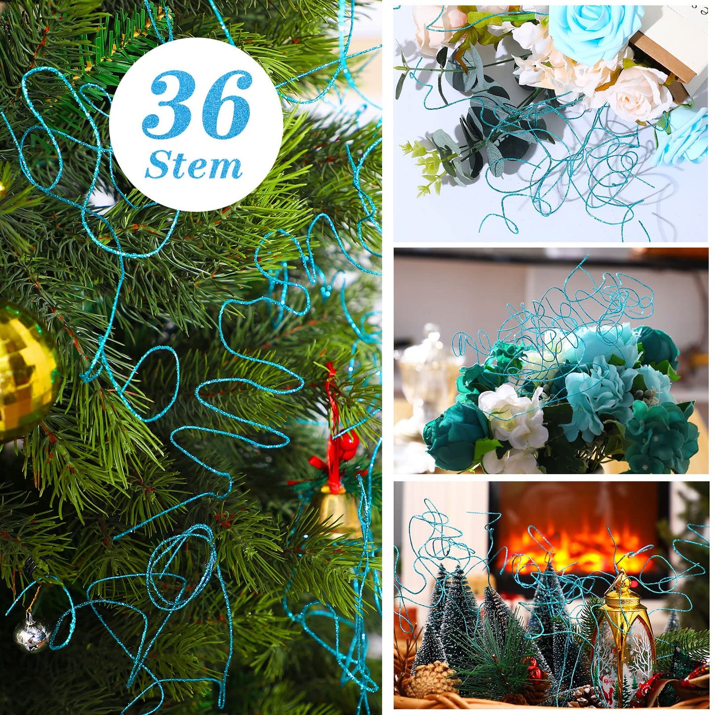 Glitter Curly Ting Ting Branches Christmas Branches Vase Filler Artificial Curly Twigs for Christmas Tree Garland Wreath Decoration, Craft Vases Home Garden Decoration (Blue, 36 Pieces)